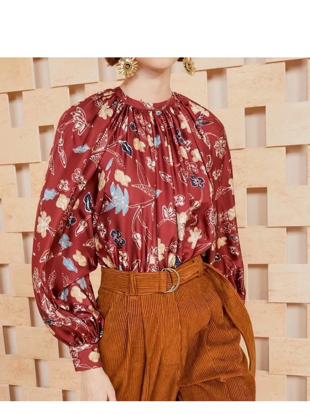 Ulla Johnson Burgundy Floral Print Gathered Neck Blouse 100% Silk Bohemian